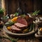 Delicious, juicy, and appetizing roast beef cooked in the oven. In the background, a nostalgic kitchen with rustic decoration.