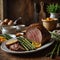 Delicious, juicy, and appetizing roast beef cooked in the oven. In the background, a nostalgic kitchen with rustic decoration.