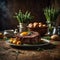 Delicious, juicy, and appetizing roast beef cooked in the oven. In the background, a nostalgic kitchen with rustic decoration.