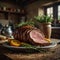 Delicious, juicy, and appetizing roast beef cooked in the oven. In the background, a nostalgic kitchen with rustic decoration.