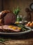 Delicious, juicy, and appetizing roast beef cooked in the oven. In the background, a nostalgic kitchen with rustic decoration.