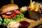 delicious juicy beef burger, american style food with french fries and coleslaw salad