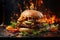 Delicious juicy big burger with meat, cheese and vegetables, hamburger with smoke and flames, AI Generated