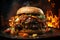 Delicious juicy big burger with meat, cheese and vegetables, hamburger with smoke and flames, AI Generated