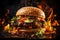 Delicious juicy big burger with meat, cheese and vegetables, hamburger with smoke and flames, AI Generated