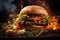 Delicious juicy big burger with meat, cheese and vegetables, hamburger with smoke and flames, AI Generated