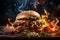 Delicious juicy big burger with meat, cheese and vegetables, hamburger with smoke and flames, AI Generated