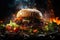 Delicious juicy big burger with meat, cheese and vegetables, hamburger with smoke and flames, AI Generated