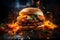 Delicious juicy big burger with meat, cheese and vegetables, hamburger with smoke and flames, AI Generated