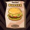 Delicious juicy burger with ingredients, in a package, packing, vector, illustration, isolated