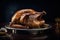 Delicious juicy golden cooked roast turkey sitting on top of the dining room table.