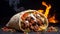 Delicious juicy grilled shawarma, kebab meat and sauce, shawarma cut in half