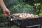 Delicious, juicy, marinated shish kebab is cooked on charcoal grill