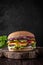 Delicious juicy mashrum burger from Brioche Bun, Aged beef cutlet, American Cheddar, Tomatoes, Gherkins, Demiglas mushrooms