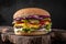 Delicious juicy mashrum burger from Brioche Bun, Aged beef cutlet, American Cheddar, Tomatoes, Gherkins, Demiglas mushrooms