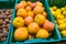 Delicious, juicy ripe grapefruits on the supermarket counter