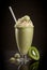 Delicious kiwi milkshake stands in a cozy cafe on the table. AI Generated