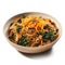 Delicious Korean Japchae with Sweet Potato Noodles in a Bowl on White Background .