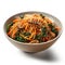 Delicious Korean Japchae with Sweet Potato Noodles in a Bowl on White Background .