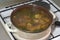 Delicious lamb soup, boiling on the kitchen stove in the white p