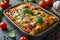 Delicious Lasagna Feast: Basil & Tomato Garnish, Elegantly Served. Concept Italian Cuisine, Gourmet