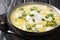 Delicious latino american chicken broth with potatoes, eggs, white cheese and cilantro close-up in a bowl. horizontal
