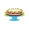 Delicious layered cake with vanilla glaze and red berries with green leaves. Traditional Christmas dessert. Flat vector