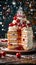 Delicious Layered Cherry Cake with Whipped Cream and Dripping Syrup on Festive Background with Sparkling Lights