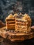 Delicious Layered Coffee Cake with Cream Frosting and Sprinkling Coffee Beans on Rustic Wooden Stand Against Dark Background