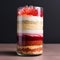 Delicious layered dessert in glass on wooden table, closeup view. AI Generative