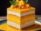 Delicious Layered Mango Delight. Background for food. Bright yellow color. Delicious dessert.