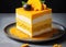 Delicious Layered Mango Delight. Background for food. Bright yellow color. Delicious dessert.