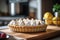 A delicious lemon meringue pie on a wooden table.