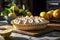 A delicious lemon meringue pie on a wooden table.