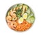 Delicious lentil bowl with avocado, shrimps, egg and cucumber on white background, top view