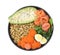 Delicious lentil bowl with carrot, avocado, egg and salmon on white background, top view