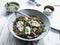 Delicious lentils bowl with zucchini, rucola, and cream fraiche