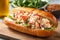 Delicious lobster roll tossed with mayo with greens in a toasted brioche bun. Traditional New England cuisine. AI generated