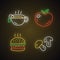 Delicious lunch neon light icons set. Tasty breakfast, fast food and drink glowing signs. Hot tea, ripe apple, burger
