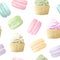 Delicious macaroons and cakes seamless pattern. Sweet almond french cakes macaron. Blue, rose, yellow, purple