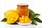 Delicious mango jam with ripe mangoes on white background, perfect for text placement