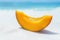 Delicious Mango Slice On The Beach. White Beach And Summer Background