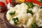 Delicious mashed potatoes in a bowl macro horizontal. rustic sty