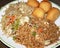 A delicious meal of Chicken balls, fried rice and Chicken Chop Suey