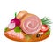delicious meat loaf and slices of ham in spices with tomatoes, onions on a wooden chopping Board isolated on