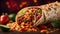 Delicious Mexican burrito, warm tortilla filled with a variety of savory ingredients