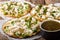 Delicious mexican chalupas with queso fresco and chicken meat an