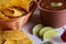 Delicious Mexican cuisine guacamole, taco, tortilla, spicy Mexican chille