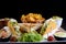 Delicious mexican food tacos, guacamole, quesadillas, chilli, tortilla, burritos isolated on black background