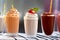 Delicious Milkshakes of different flavors on a table